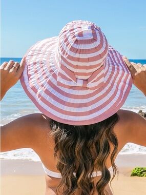 Striped Wide Brim Sun Hat - Mauve & White